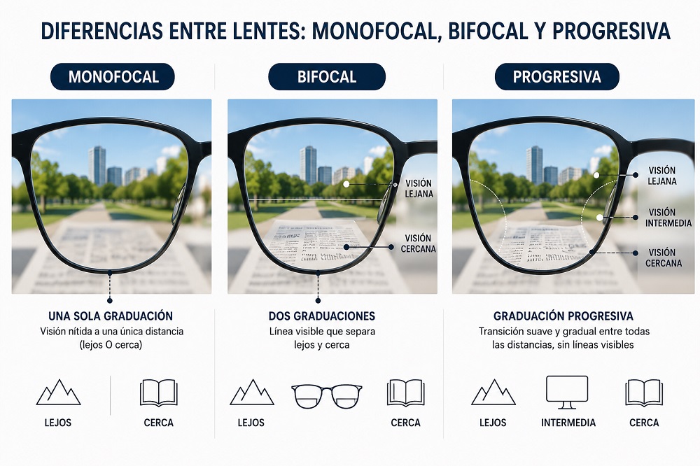 diferencias entre lente monofocal, bifocal y progresiva