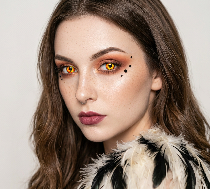 Modelo con lentillas de fantasía naranjas para Halloween